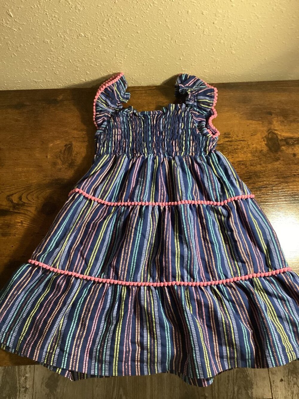 Navy Multicolor Striped Tiered Maxi Dress with Pom Pom Trim